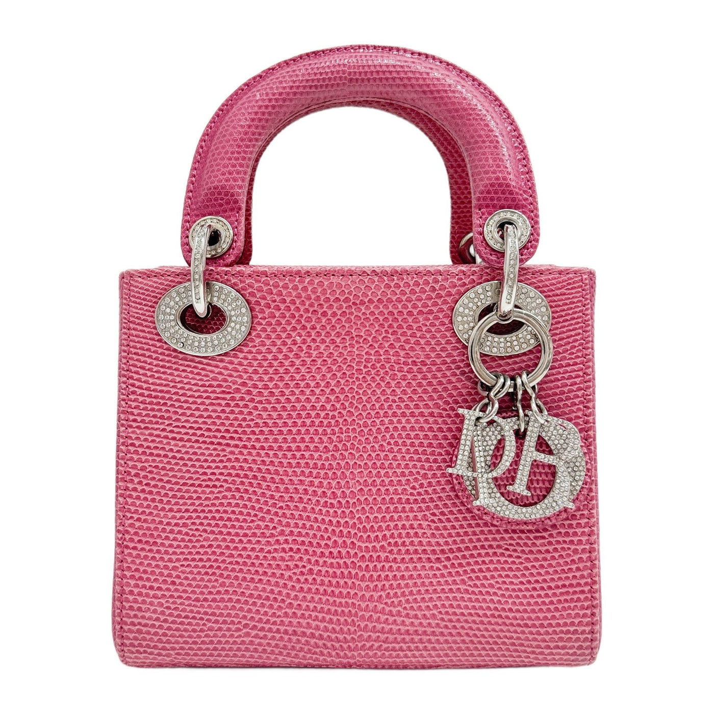 Mini Lady Dior Bedazzled Hardware Pink Embossed Lizard Leather Hand Bag