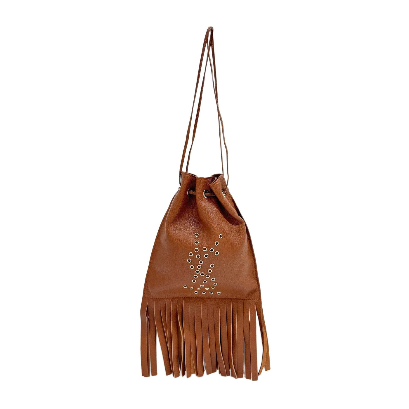 Bucket Fringe Camel Brown Leather Hand Bag