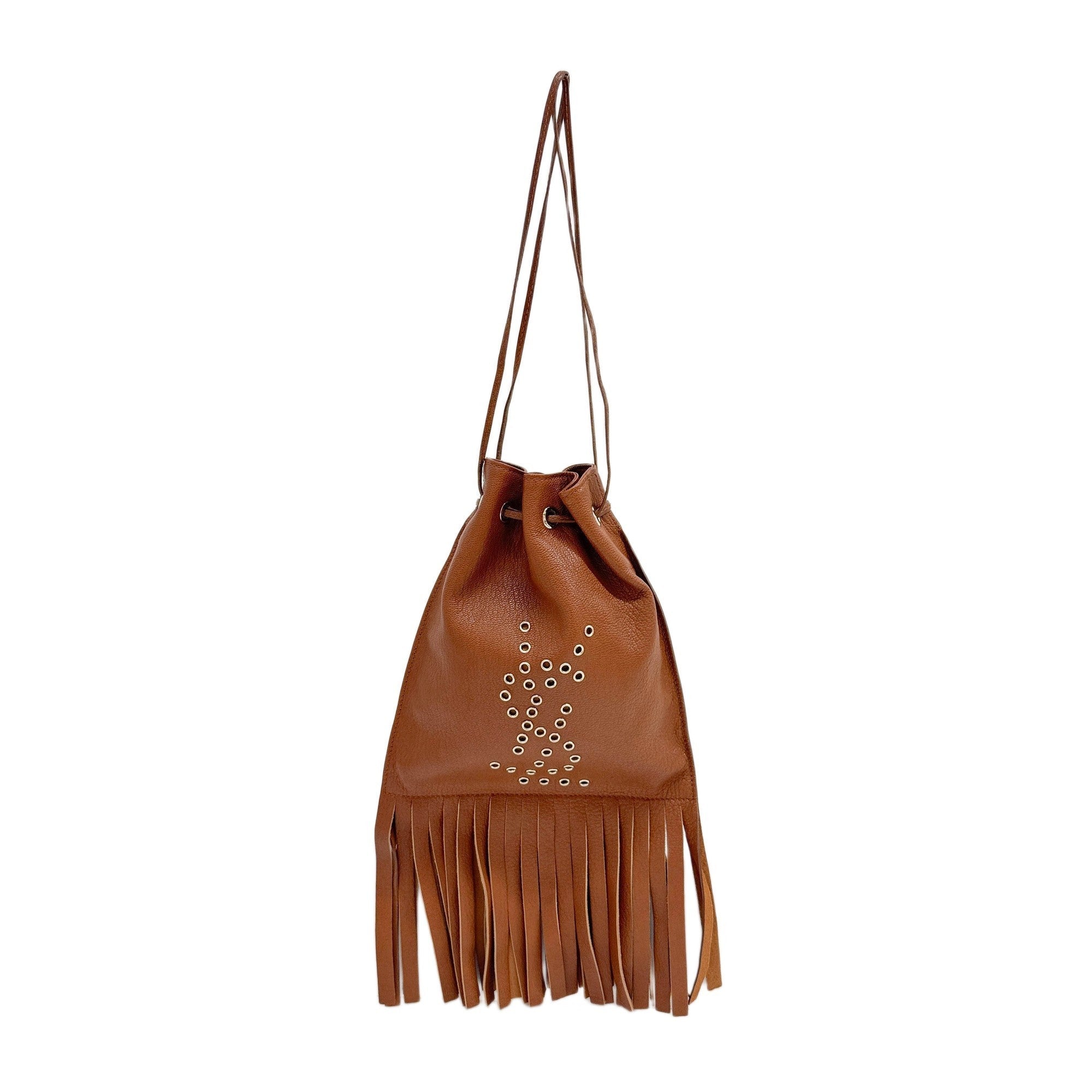 Bucket Fringe Camel Brown Leather Hand Bag