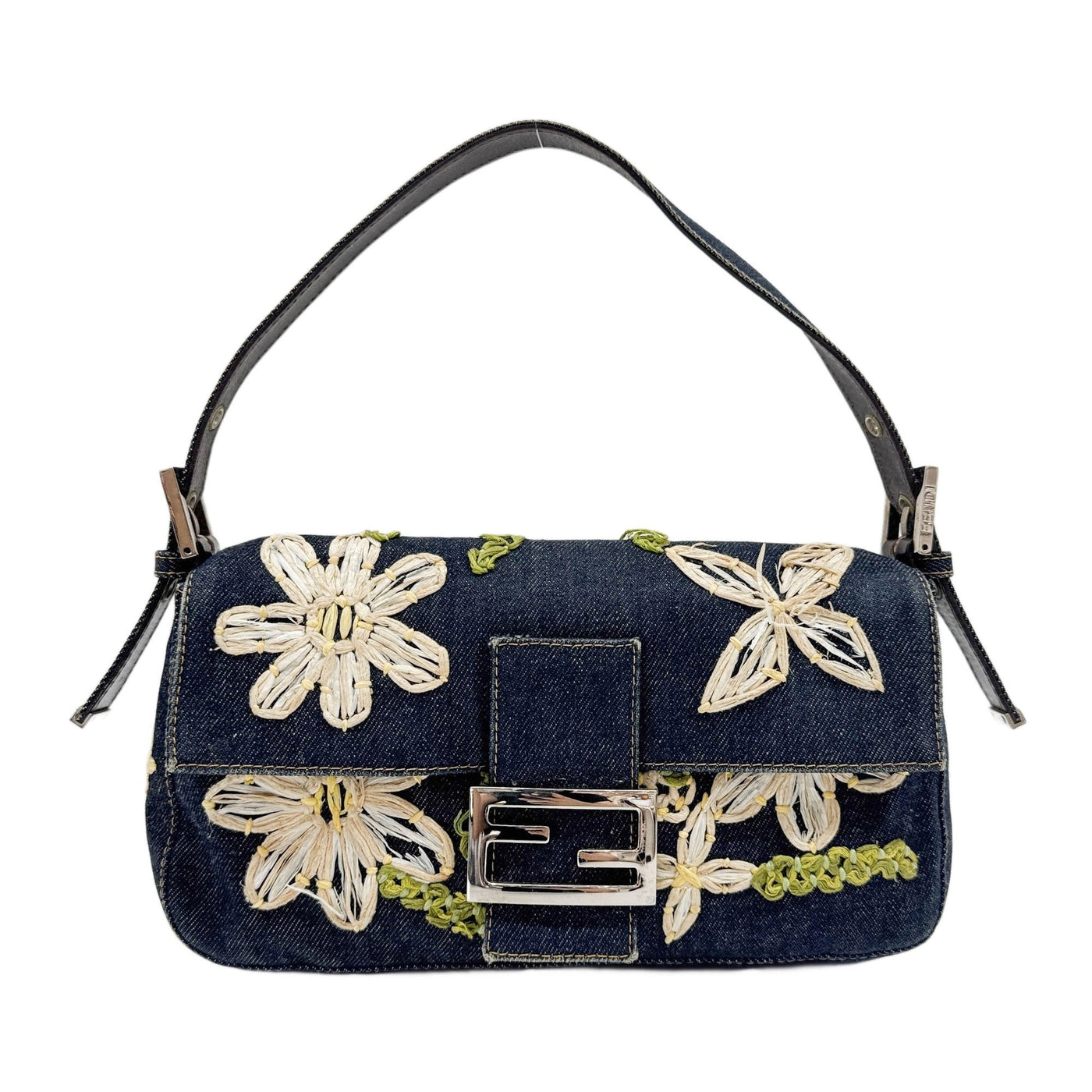 Baguette Embroidered Navy Floral Denim Shoulder Bag