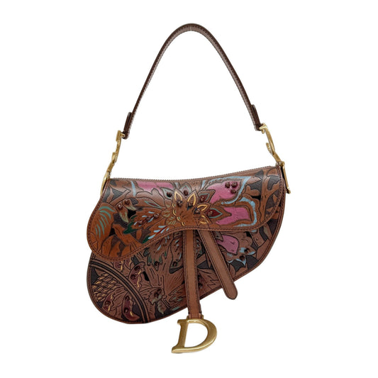 Saddle Hand Painted Albero Della Vita Brown Leather Shoulder Bag