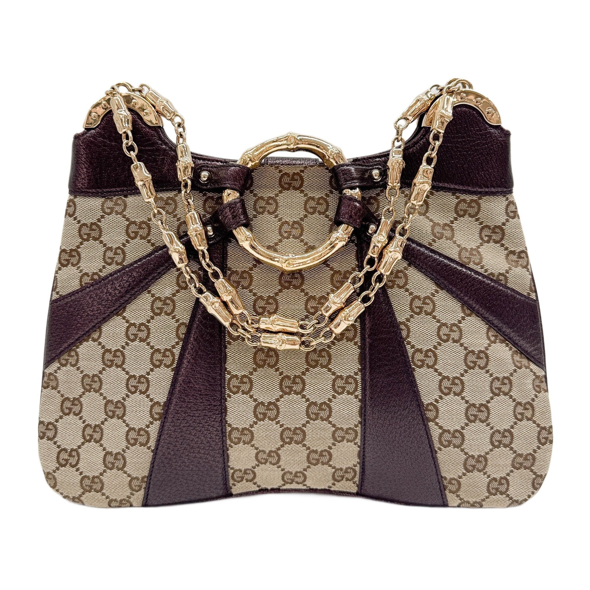 Bamboo Chain Purple Leather and Beige GG Canvas Shoulder Bag