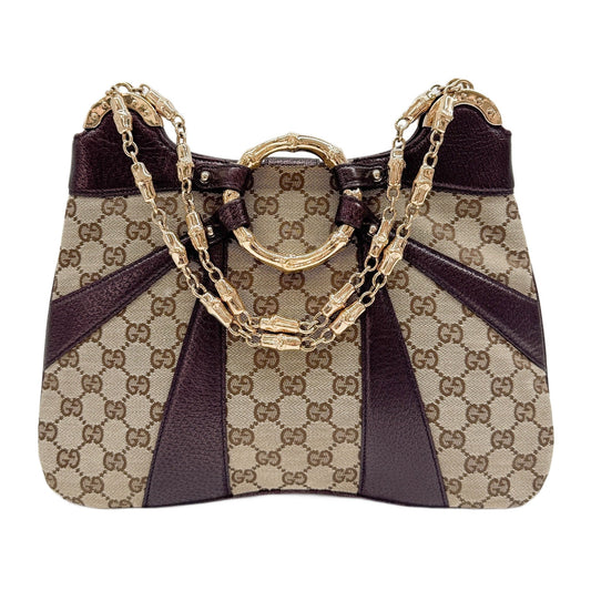 Bamboo Chain Purple Leather and Beige GG Canvas Shoulder Bag