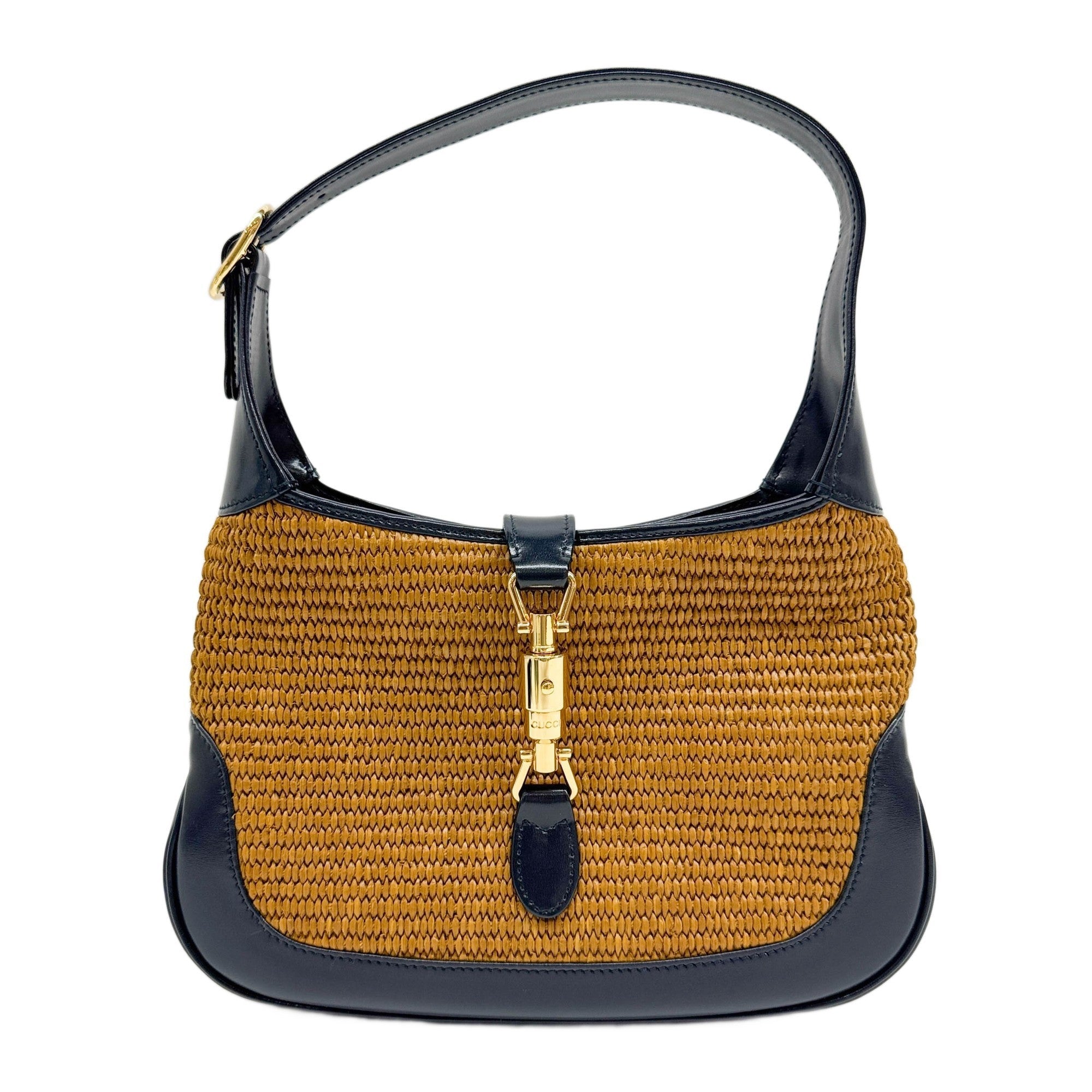 Jackie 1961 Brown Raffia and Black Leather Trim Shoulder Bag