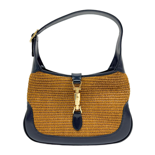 Jackie 1961 Brown Raffia and Black Leather Trim Shoulder Bag