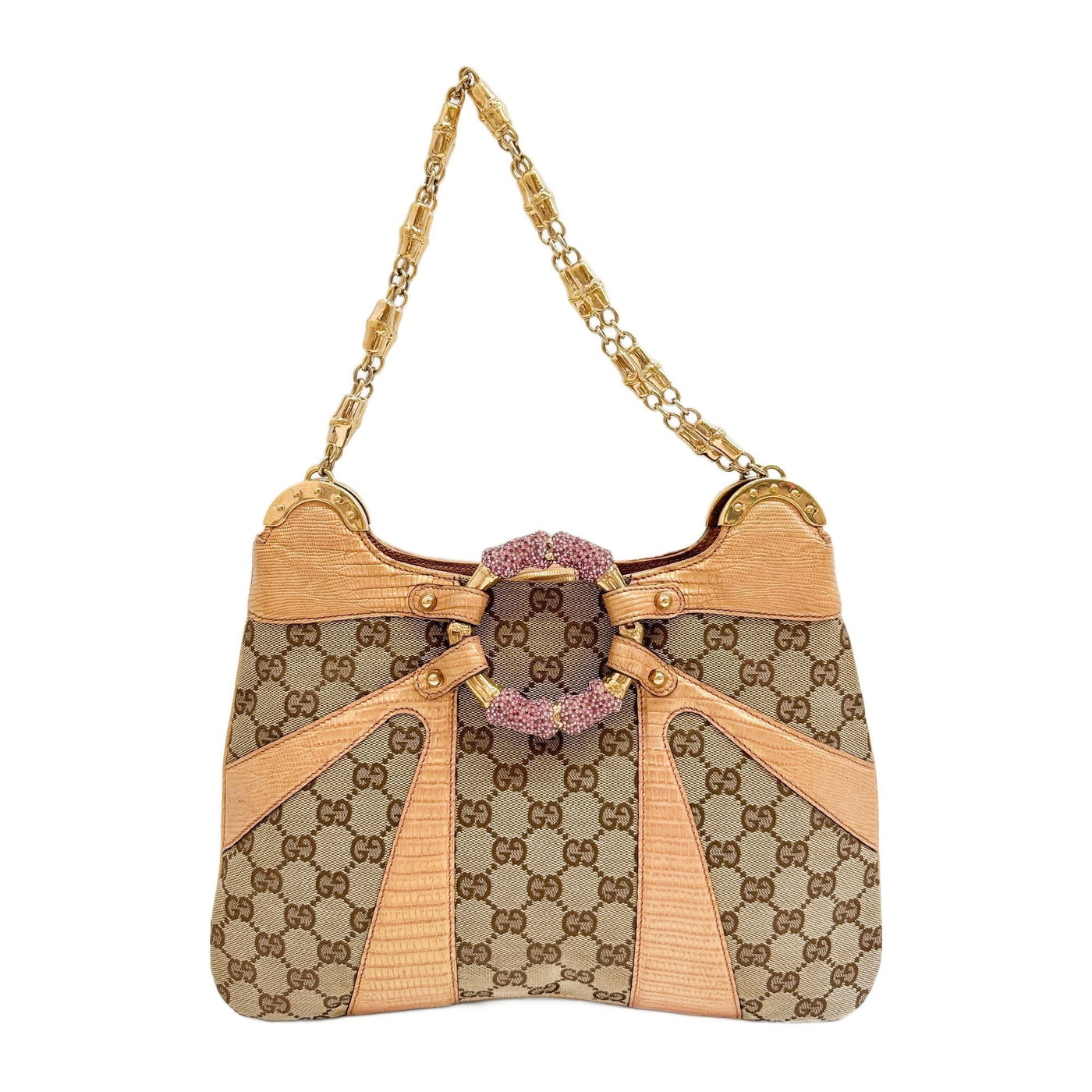 Bamboo Ring Crystal Embellished Exotic Leather Trim Brown GG Canvas Shoulder Bag