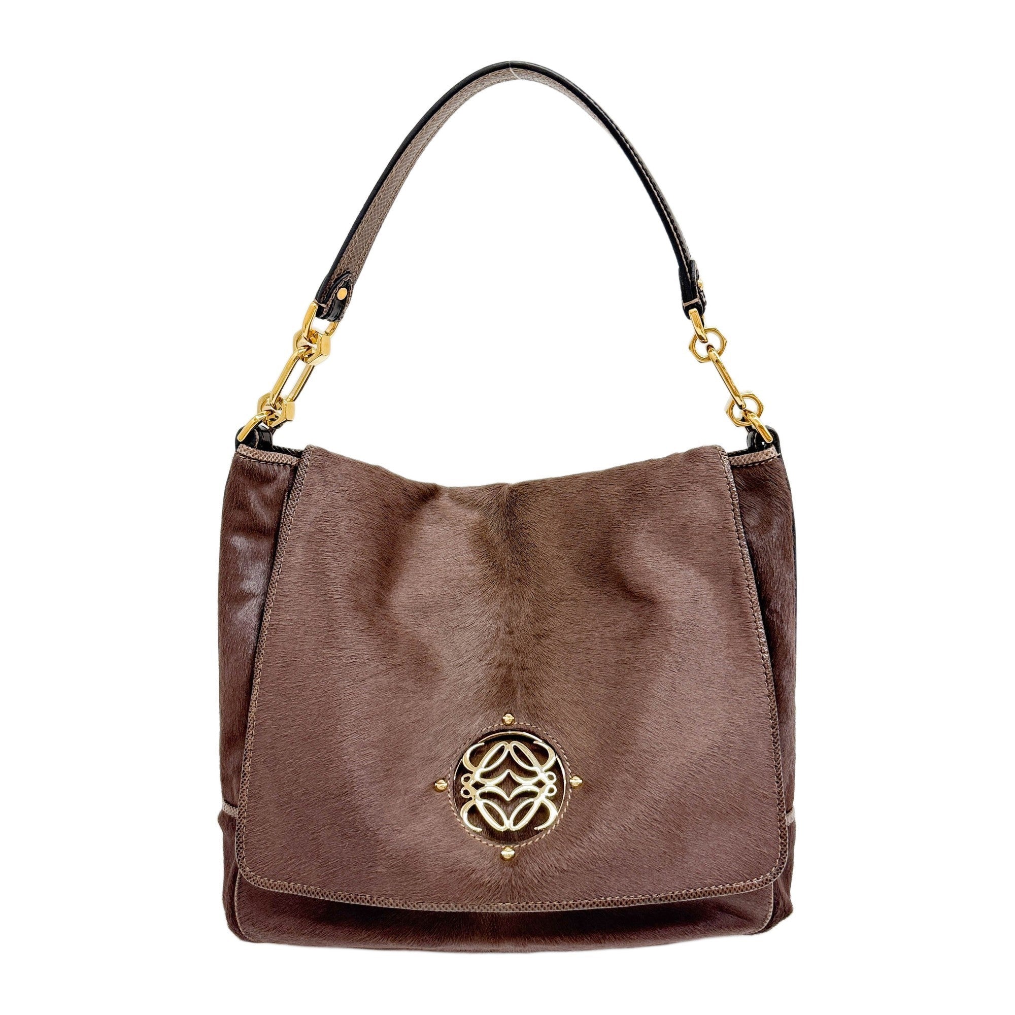 Anagram Logo Exotic Leather Trim Brown Pony Hair Shoulder Bag