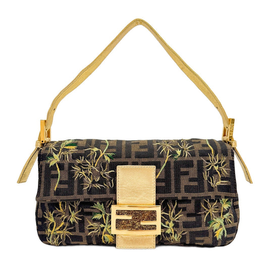 Baguette Tropical Embroidery Brown Zucca Canvas Shoulder Bag