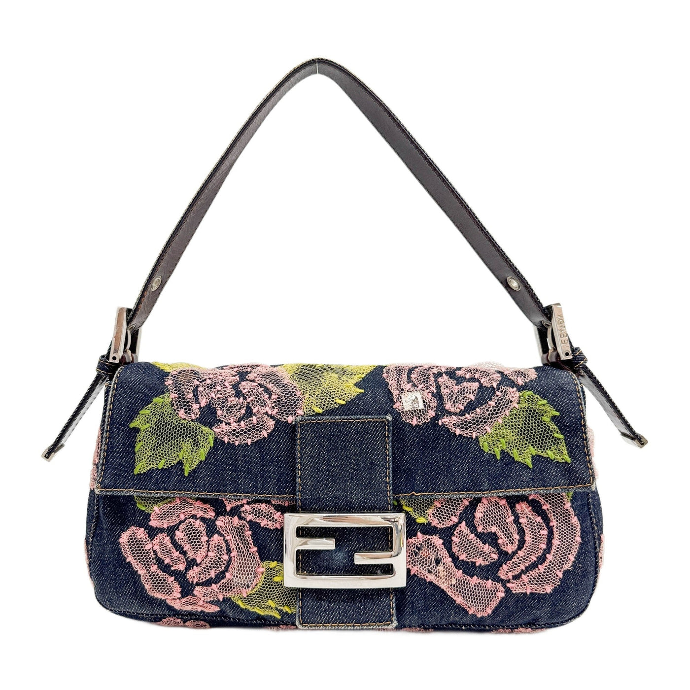 Baguette Floral Embroidered Blue Denim Shoulder Bag