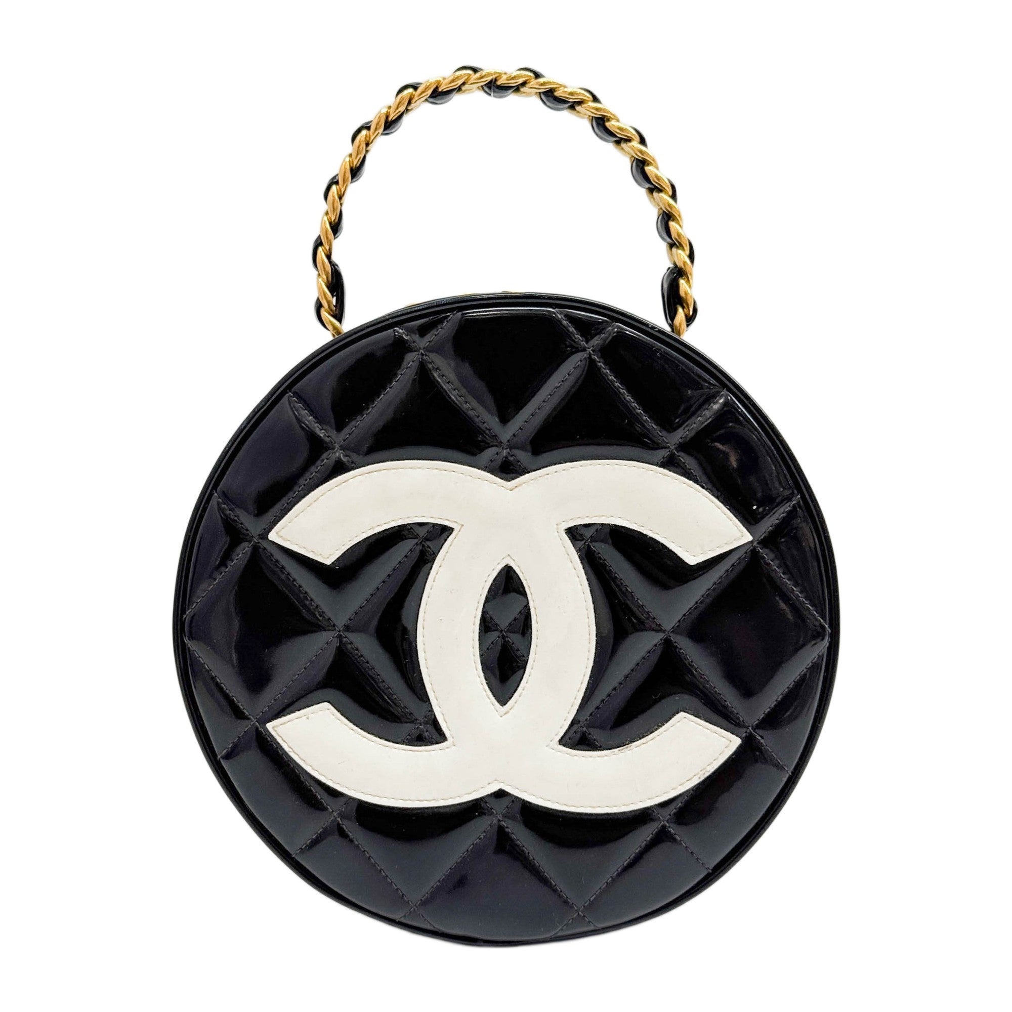 Round Vanity 1994-1996 CC Logo Matelasse Black Leather Hand Bag