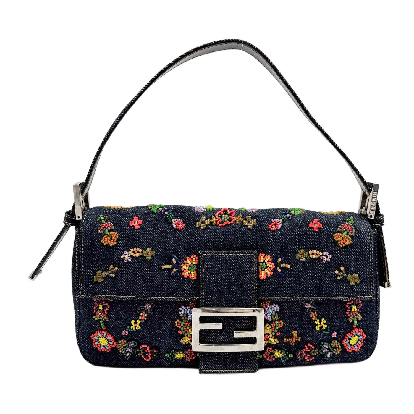 Baguette Floral Beaded Blue Denim Shoulder Bag