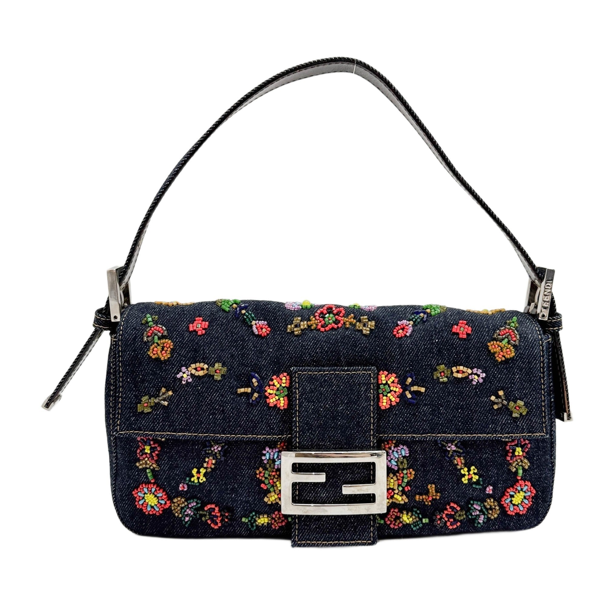 Baguette Floral Beaded Blue Denim Shoulder Bag