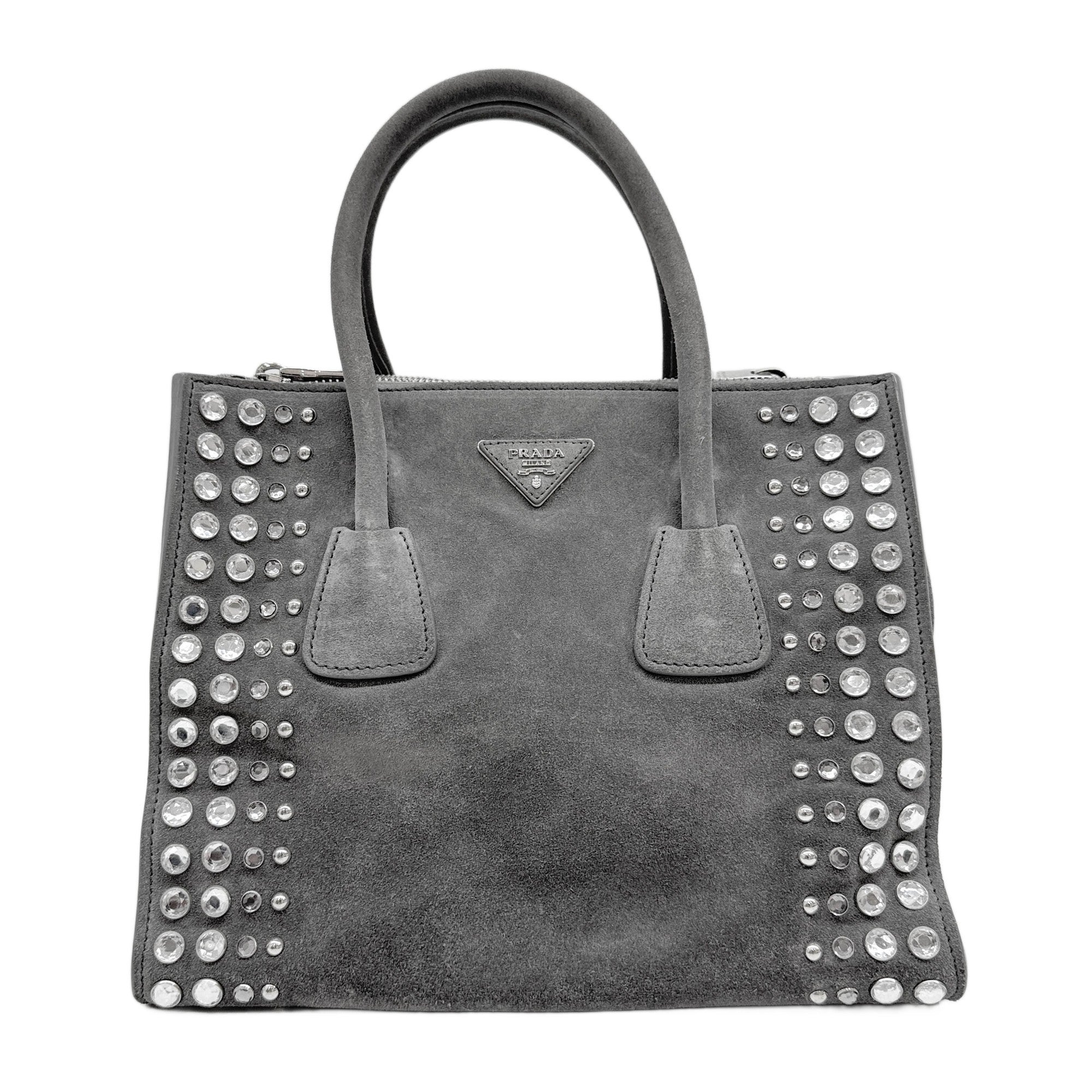 Rhinestone Embellished Grey Suede Hand Bag