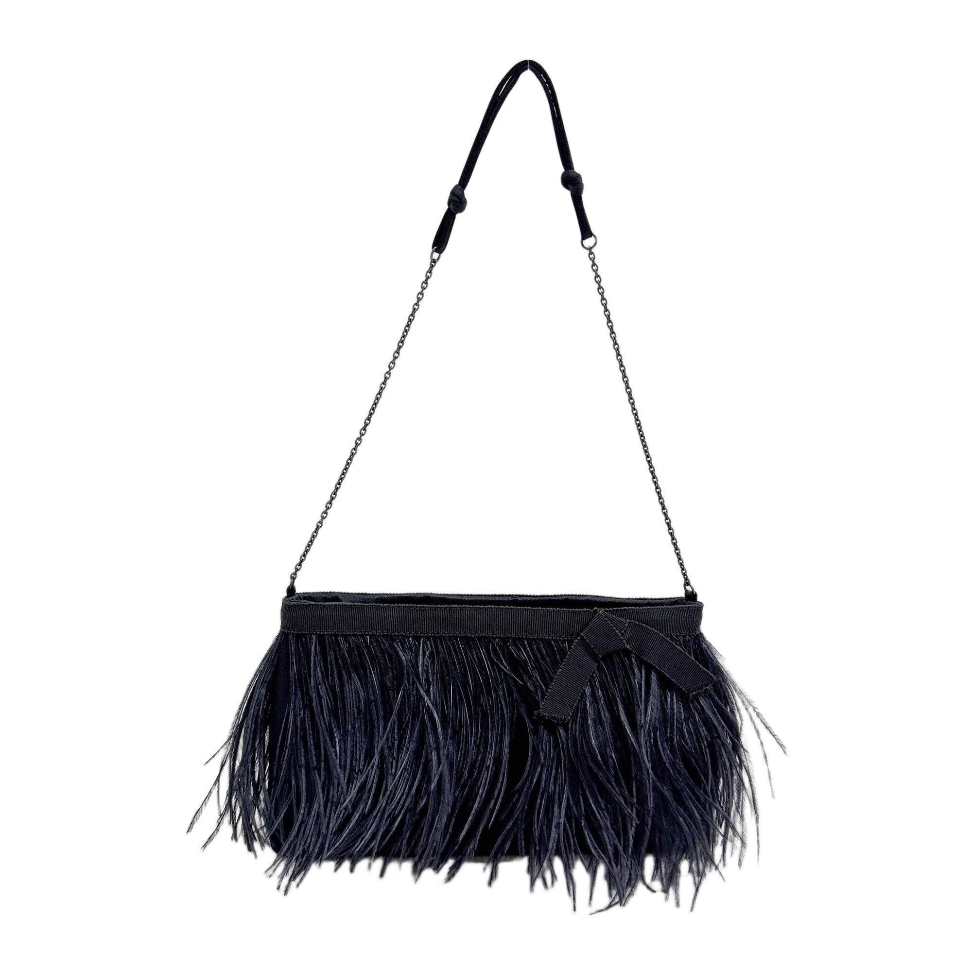 Ostrich Feather Fringe Back Satin Shoulder Bag