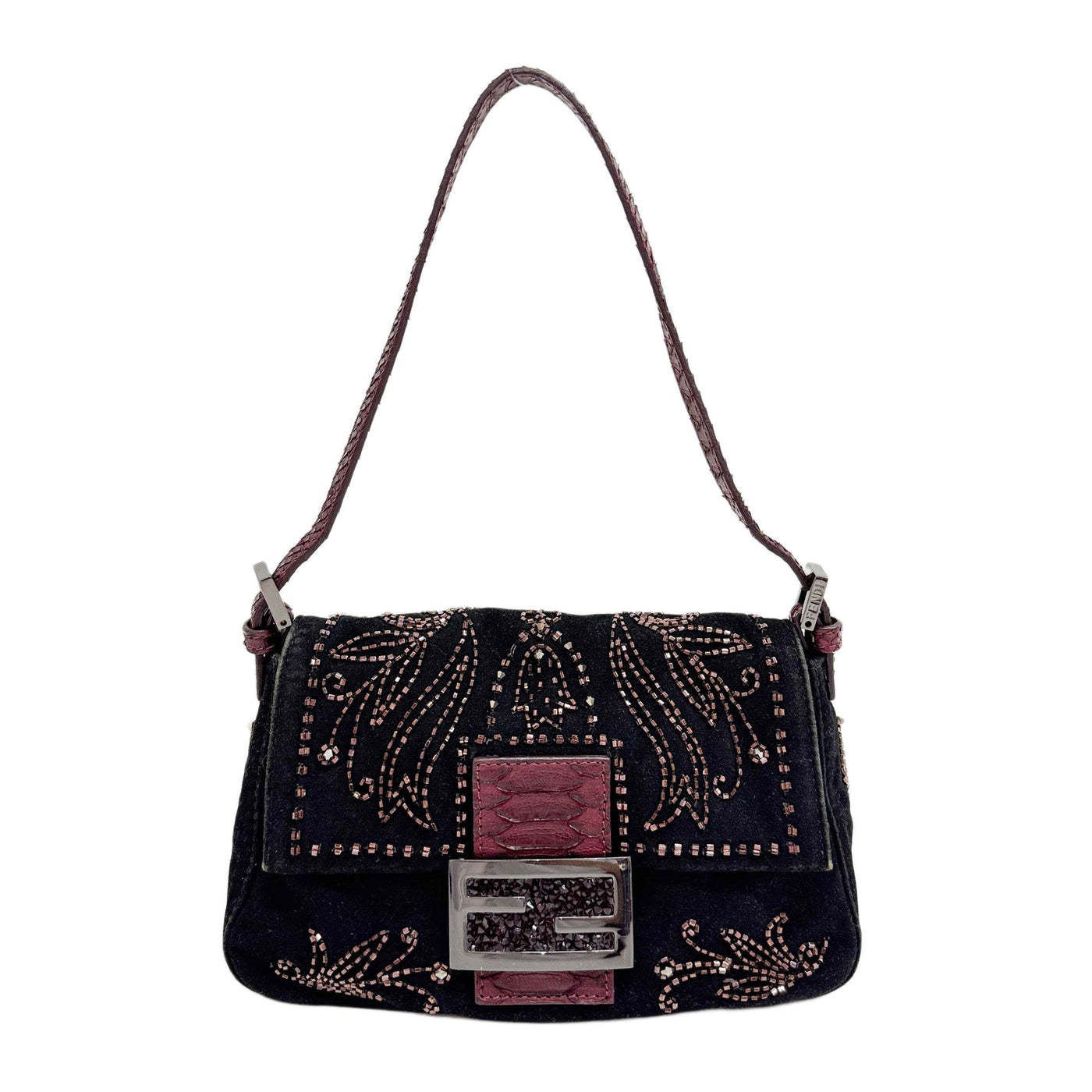 Mini Mamma Baguette Beaded Black Suede Python Embossed Leather Shoulder Bag