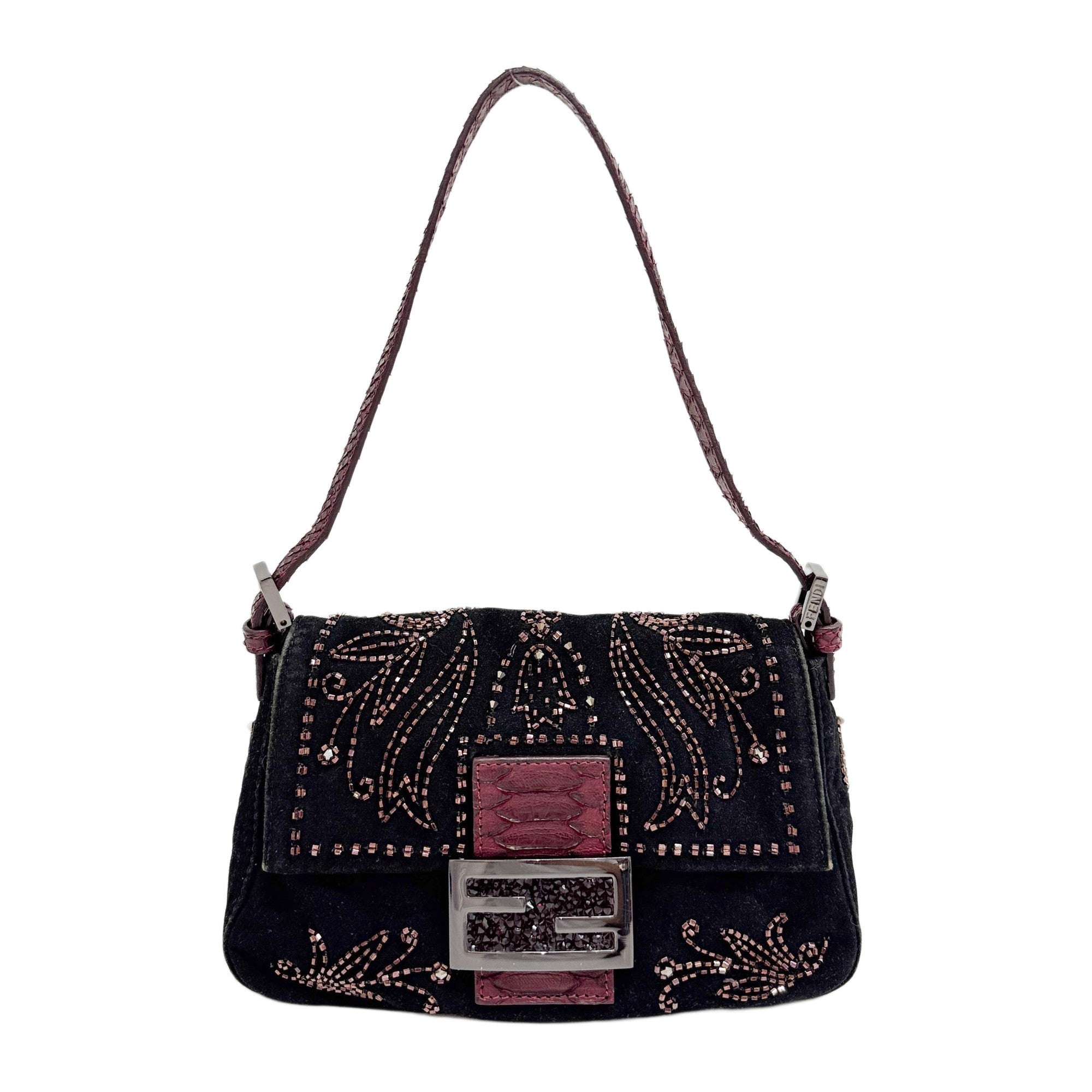 Mini Mamma Baguette Beaded Black Suede Python Embossed Leather Shoulder Bag