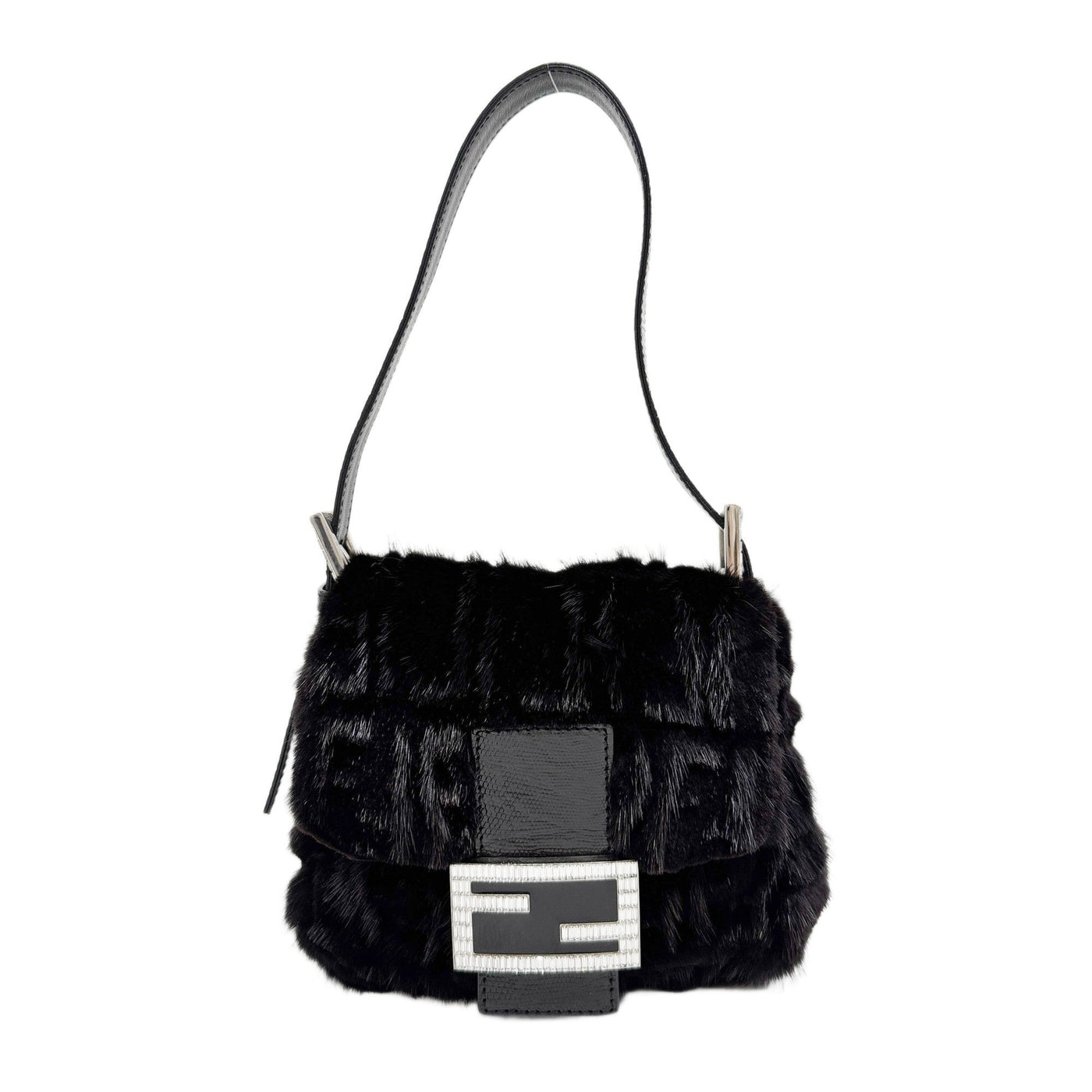 Mini Mamma Baguette Black  Mink Fur Shoulder Bag
