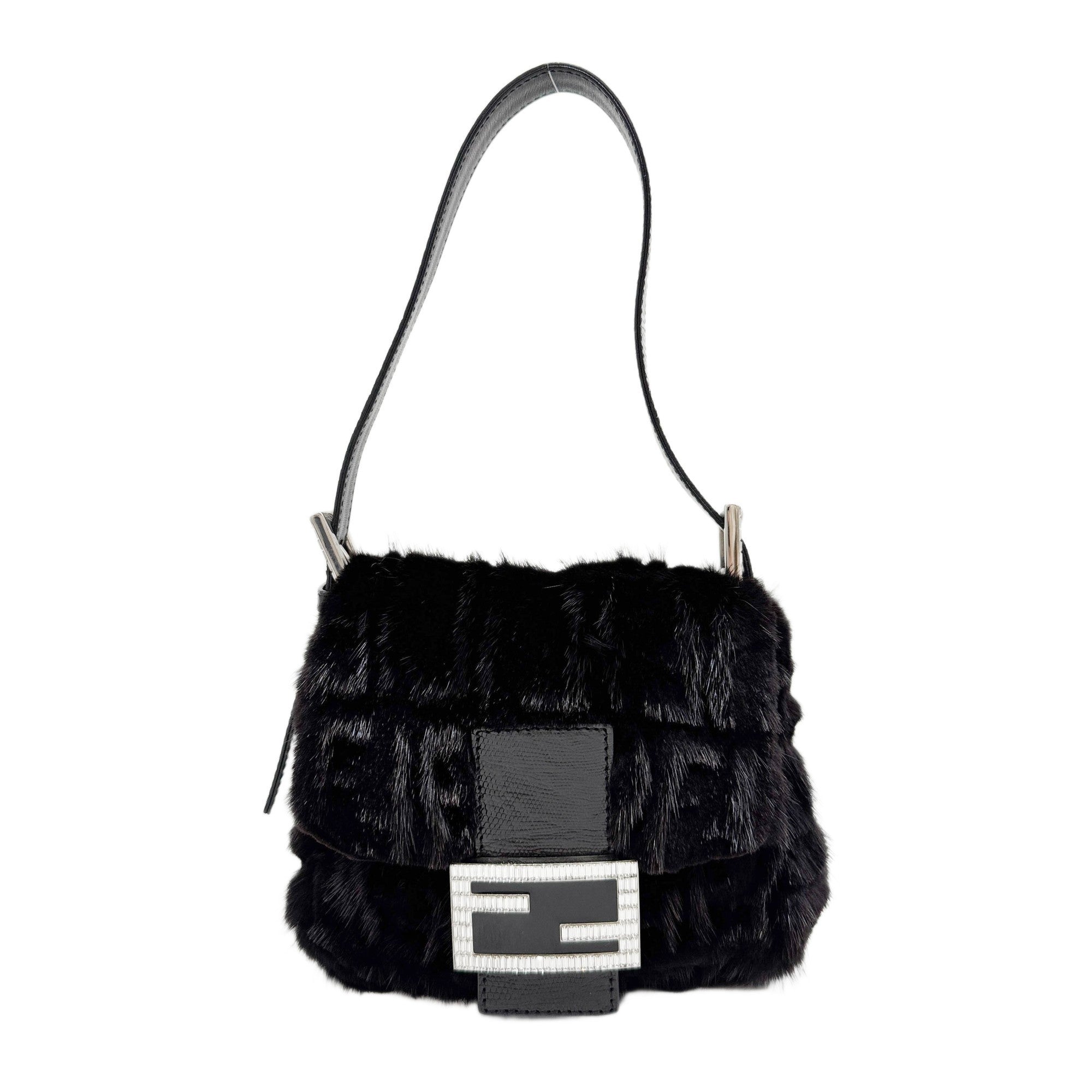 Mini Mamma Baguette Black  Mink Fur Shoulder Bag