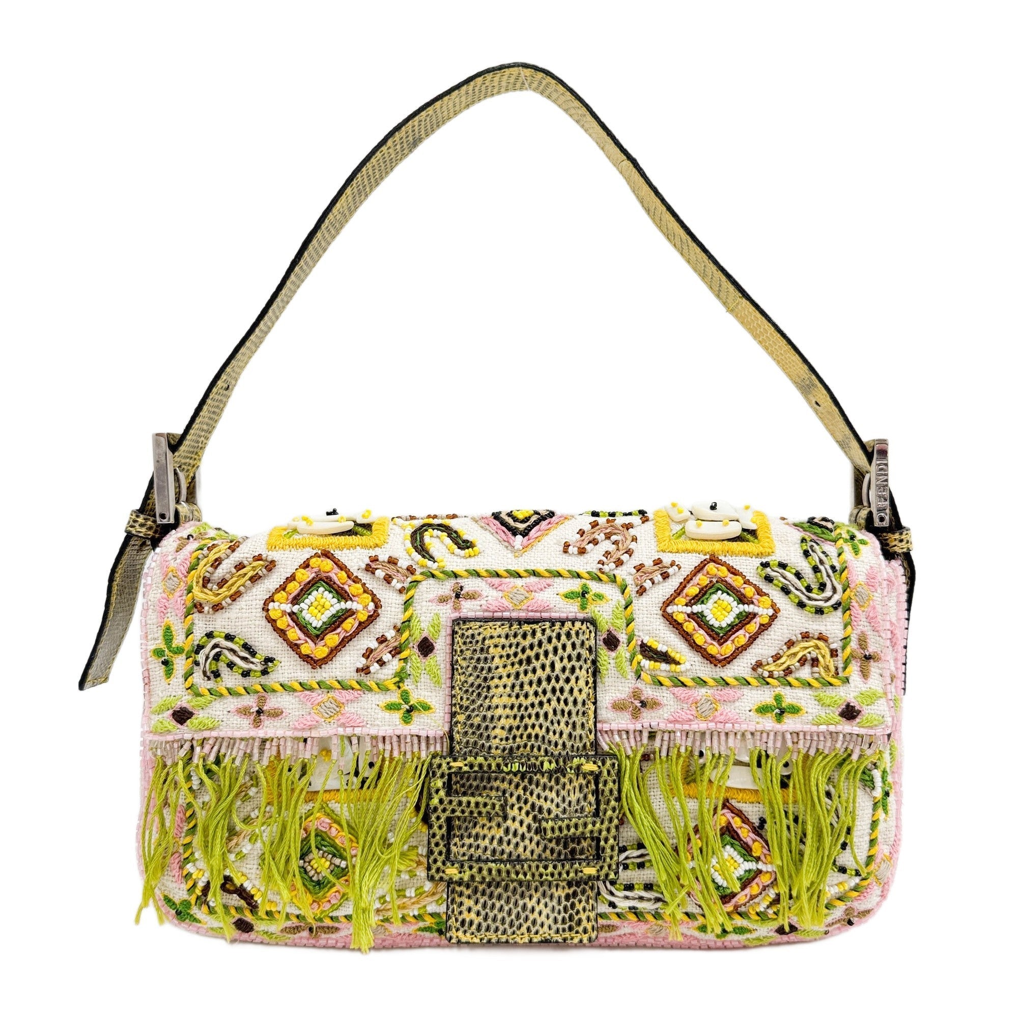 Baguette Beaded White Fabric Lizard Embossed Leather Shoulder Bag