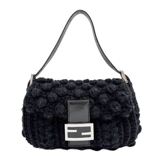 Baguette Handmade Shetland Knit Black Wool Shoulder Bag