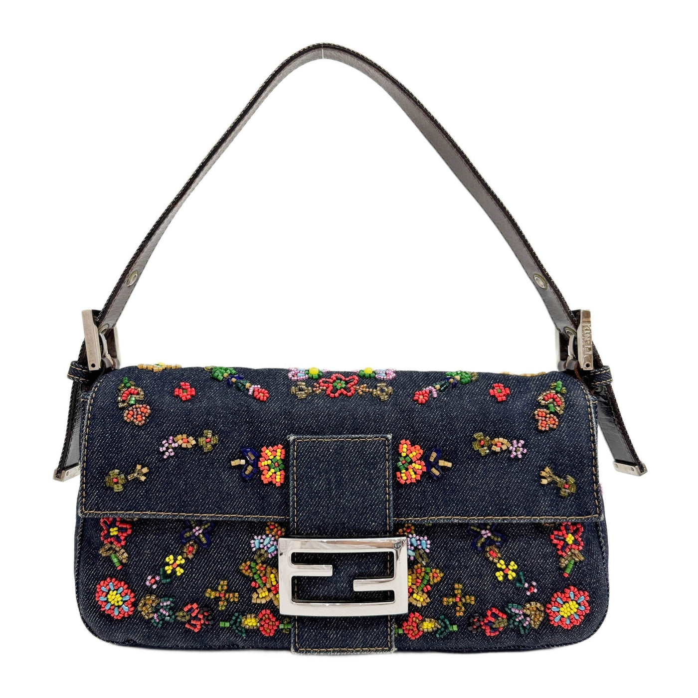 Baguette Flower Beaded Navy Denim Shoulder Bag