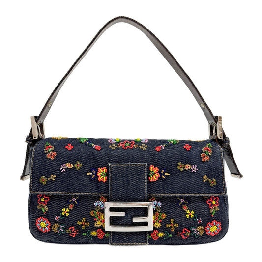 Baguette Flower Beaded Navy Denim Shoulder Bag