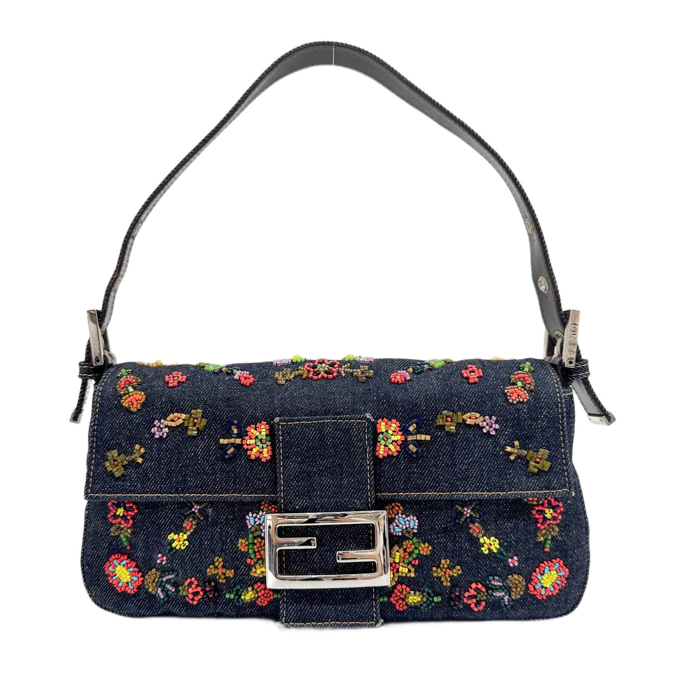 Baguette Flower Beaded Navy Denim Shoulder Bag
