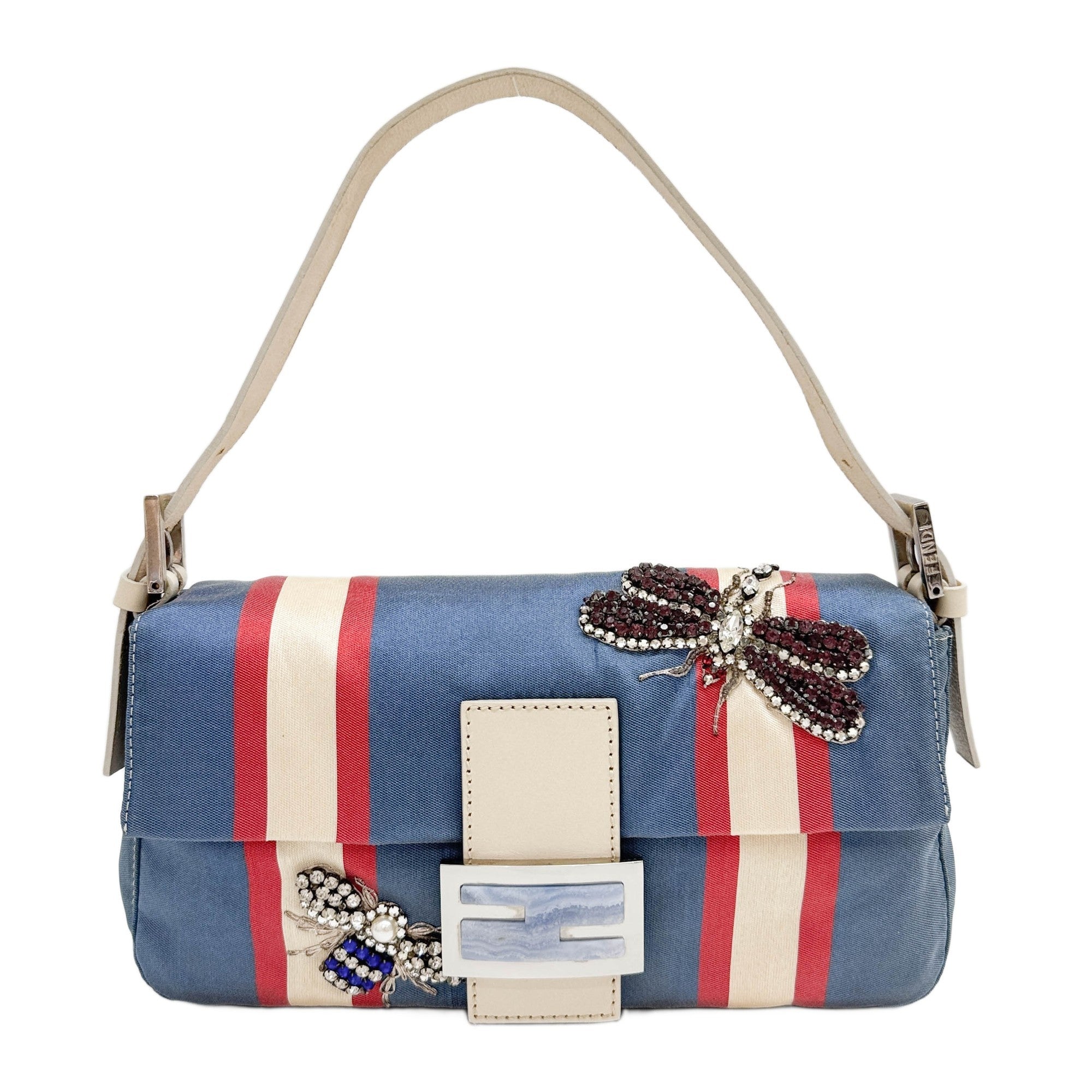 Baguette Dragonfly Embellished Red White and Blue Striped Nylon Shoulder Bag