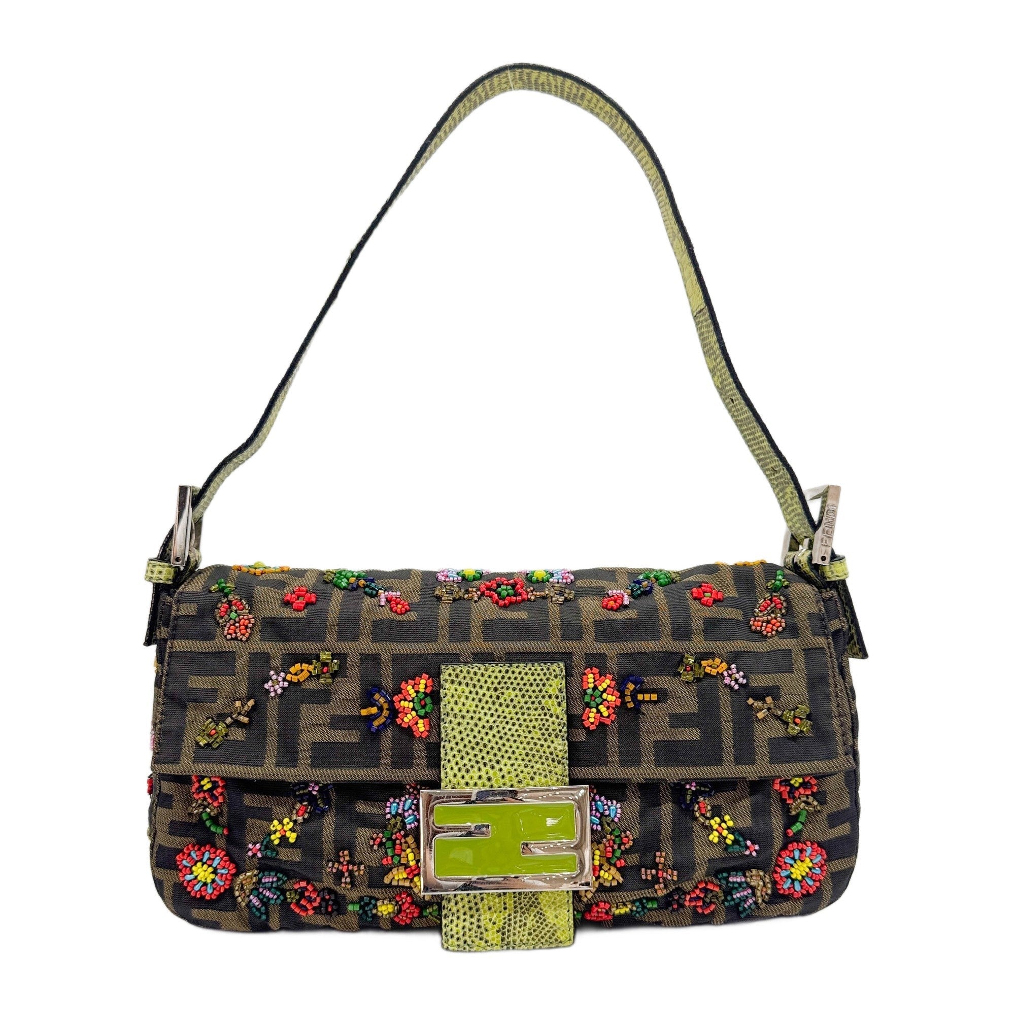 Baguette Flower Beaded Green Lizard Leather Trim and Brown Zucca Canvas Shoulder Bag