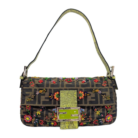 Baguette Flower Beaded Green Lizard Leather Trim and Brown Zucca Canvas Shoulder Bag