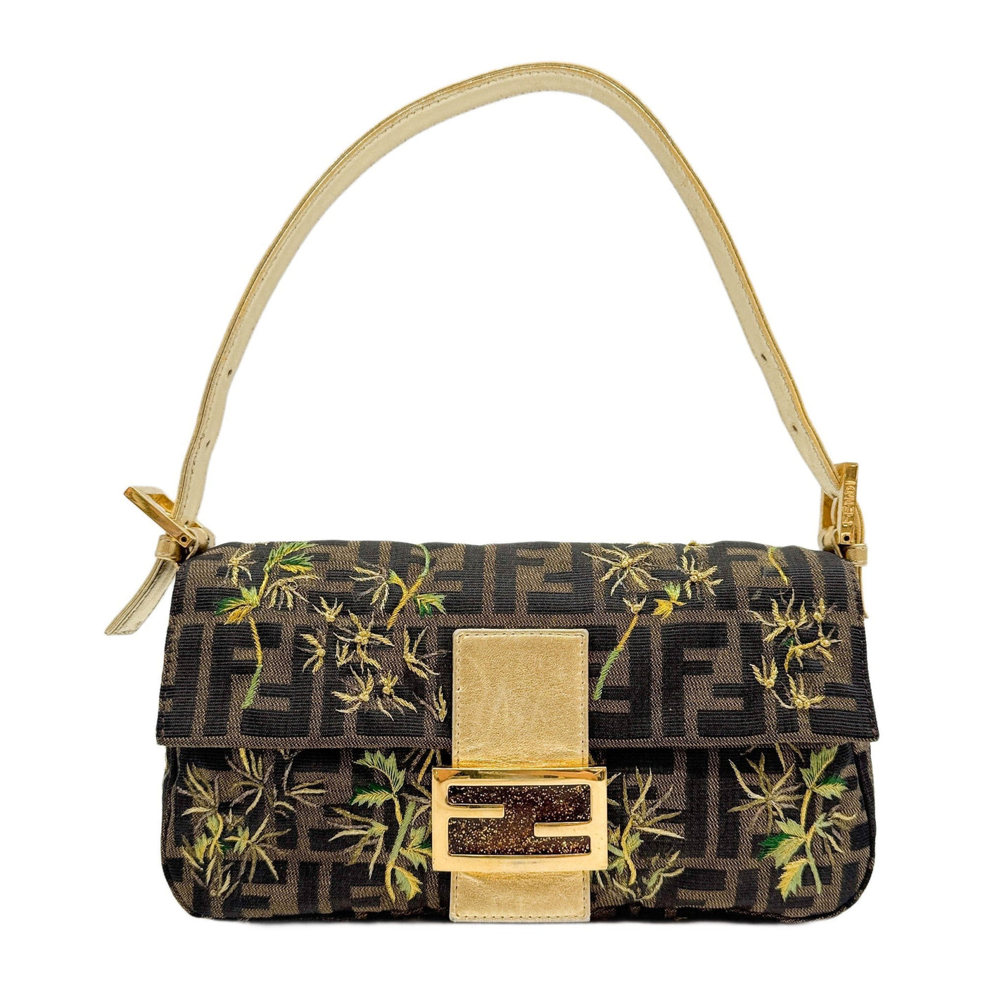 Baguette Embroidered Gold Plant Brown Zucca Canvas Shoulder Bag