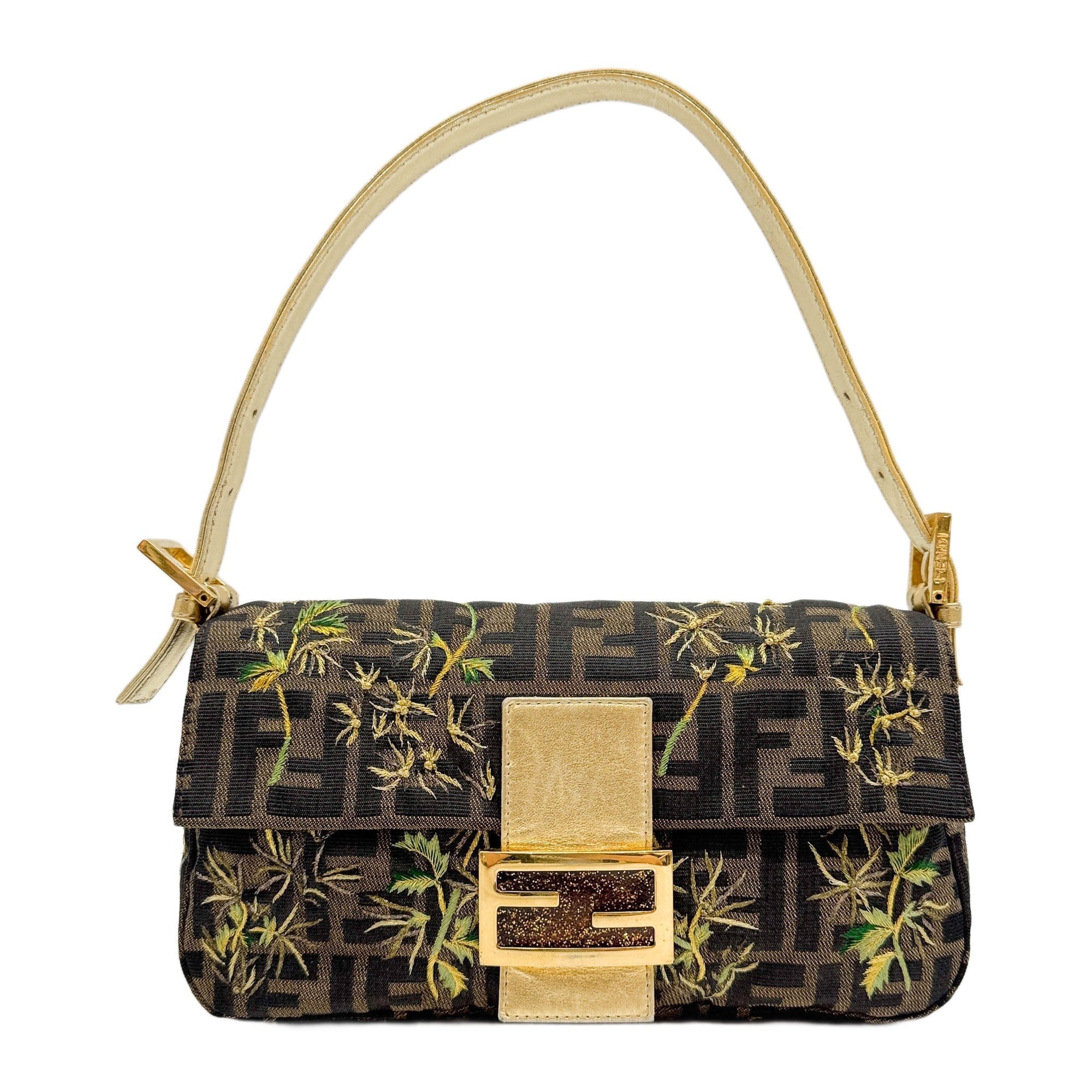 Baguette Embroidered Gold Plant Brown Zucca Canvas Shoulder Bag