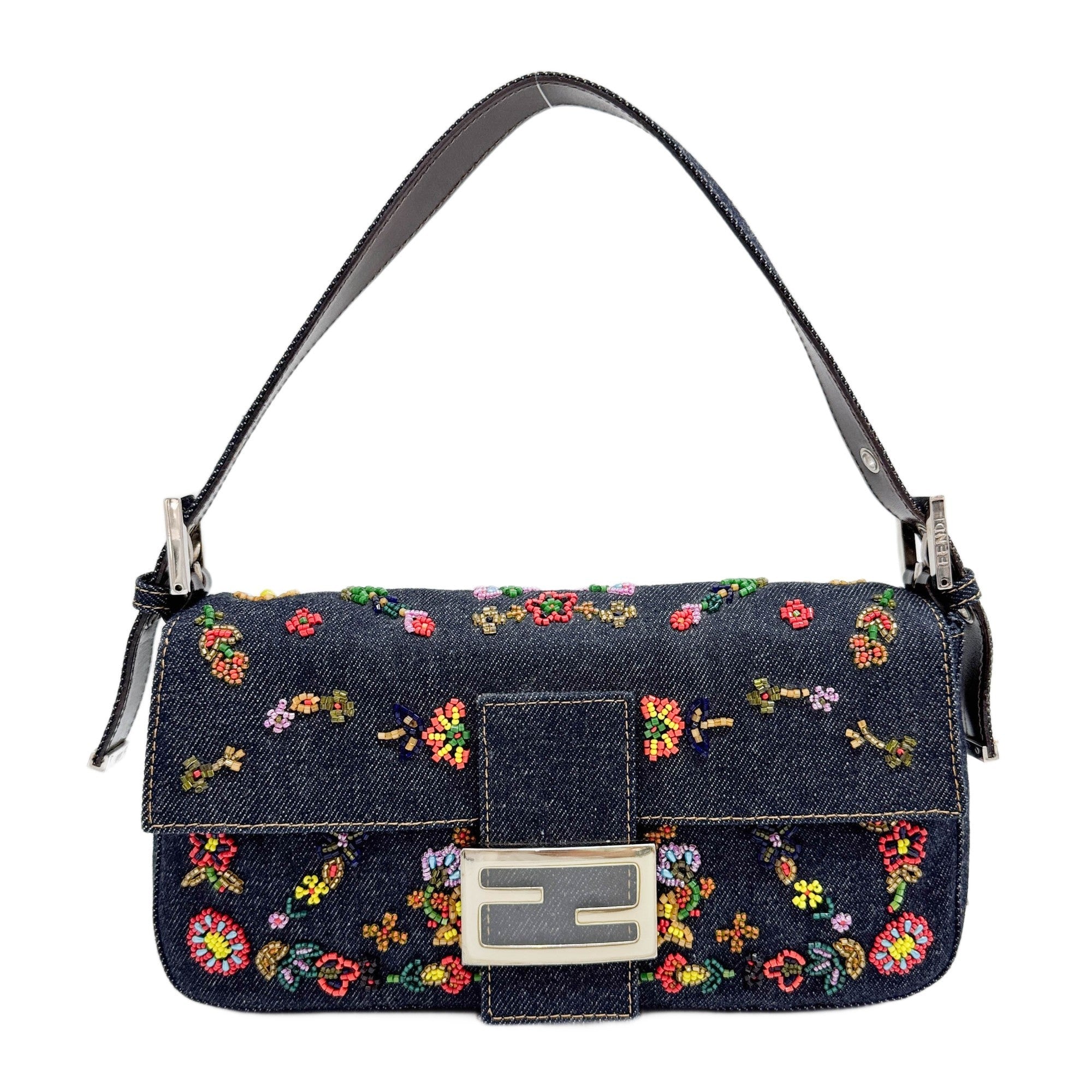Baguette Flower Beaded Navy Denim Shoulder Bag