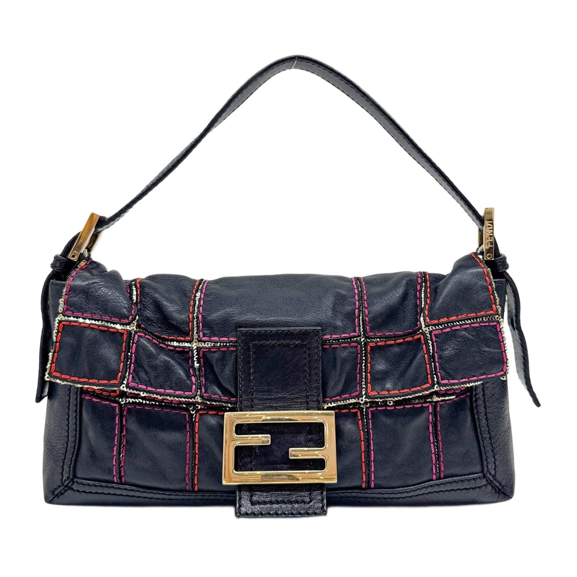 Baguette Sequin Embroidered Black Leather Shoulder Bag