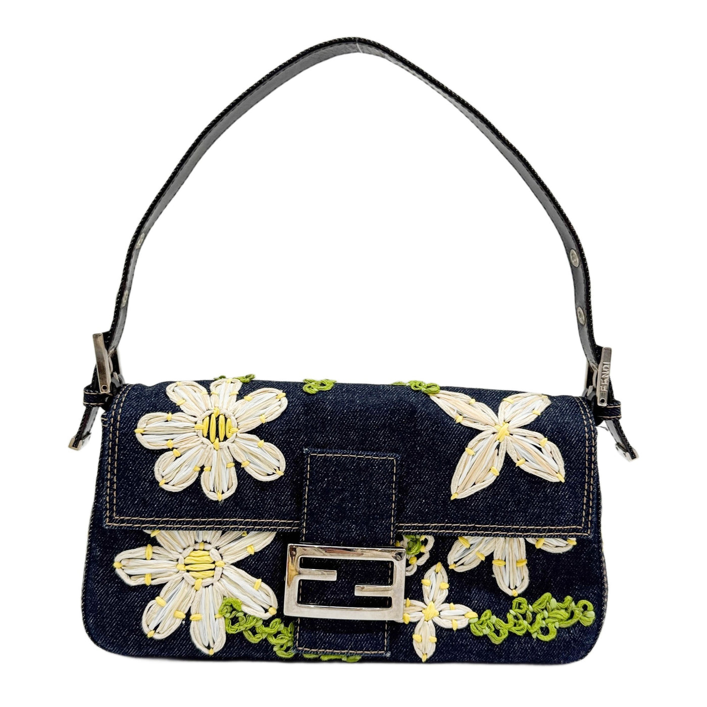 Baguette Flower Embroidery Navy Denim Shoulder Bag