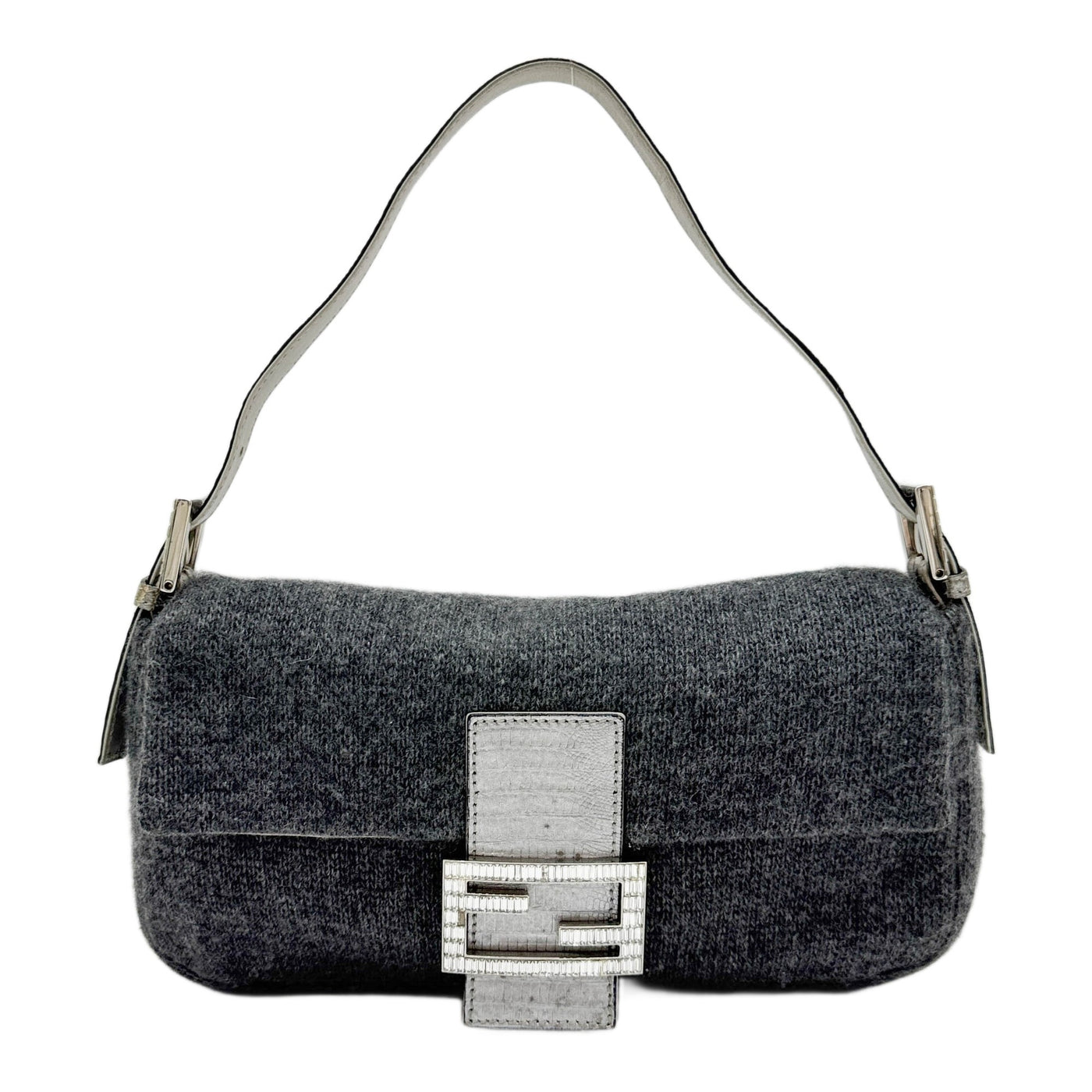 Baguette Crocodile Leather Trim Grey Cashmere Shoulder Bag