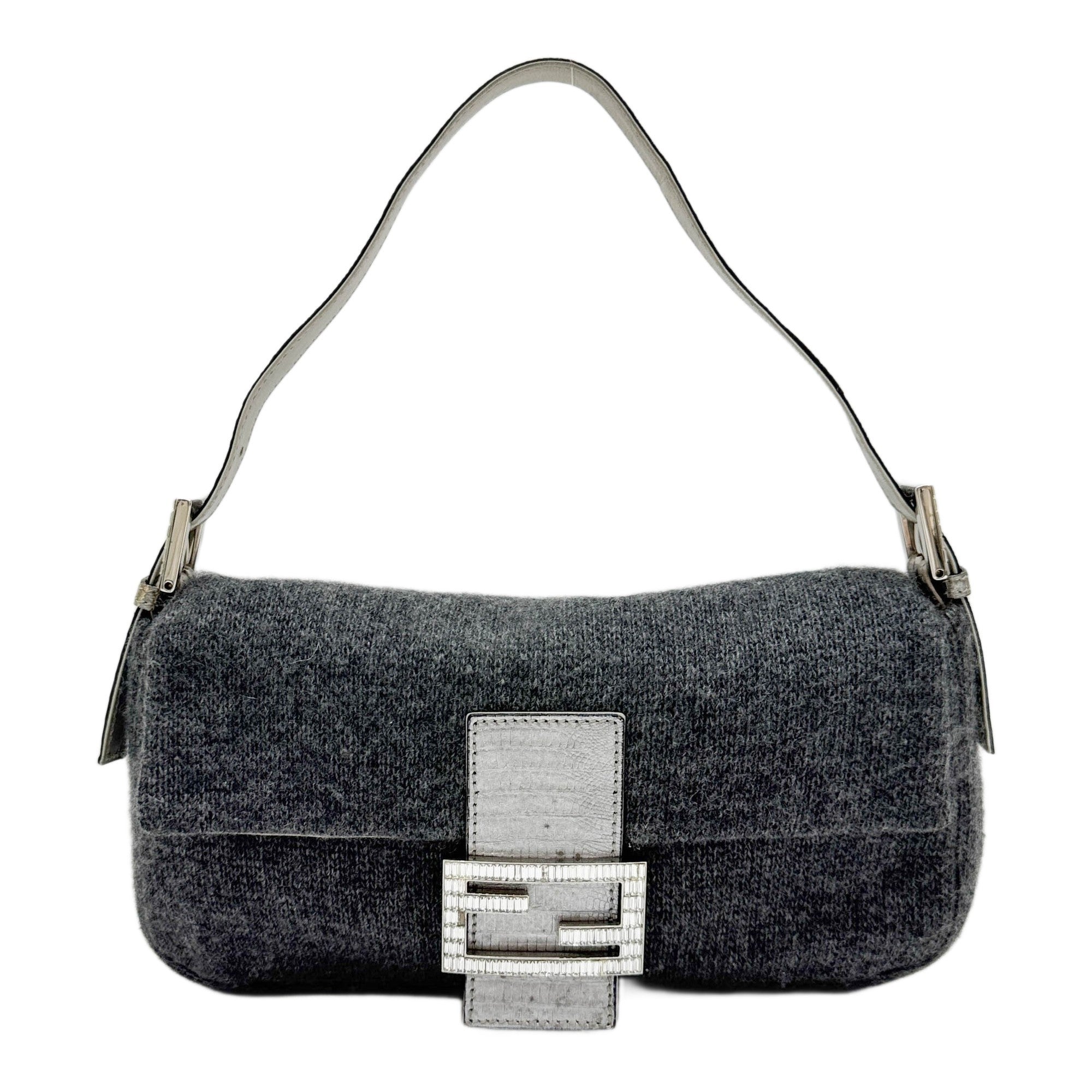 Baguette Crocodile Leather Trim Grey Cashmere Shoulder Bag
