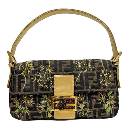 Baguette Tropical Embroidery Brown Zucca Canvas Shoulder Bag