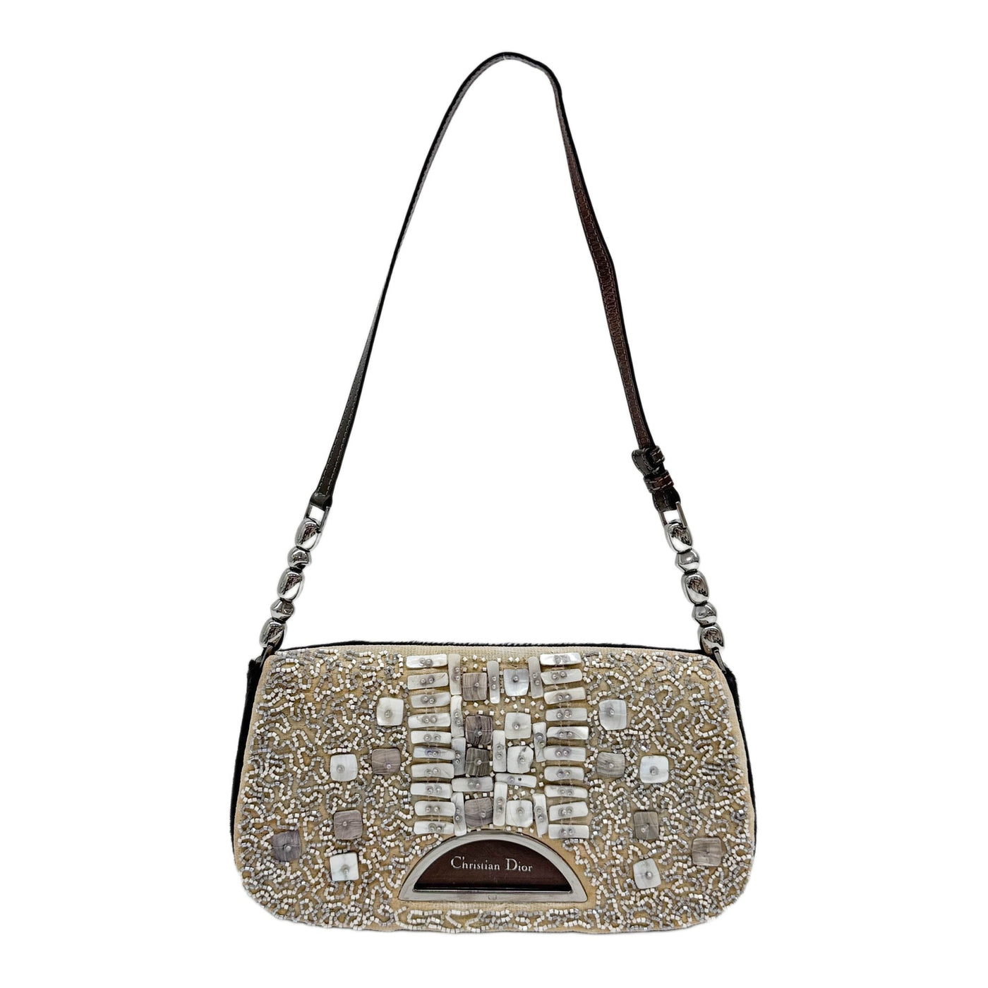 Malice Pearl Black Pony Hair and Beaded Beige Canvas Shoulder Bag