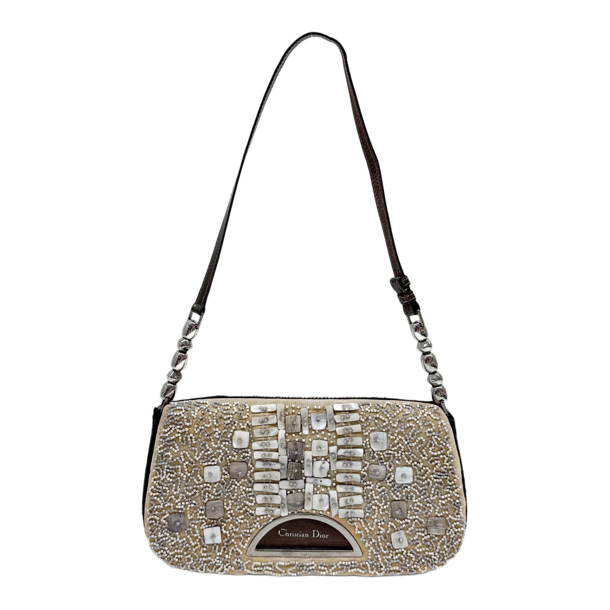Malice Pearl Black Pony Hair and Beaded Beige Canvas Shoulder Bag