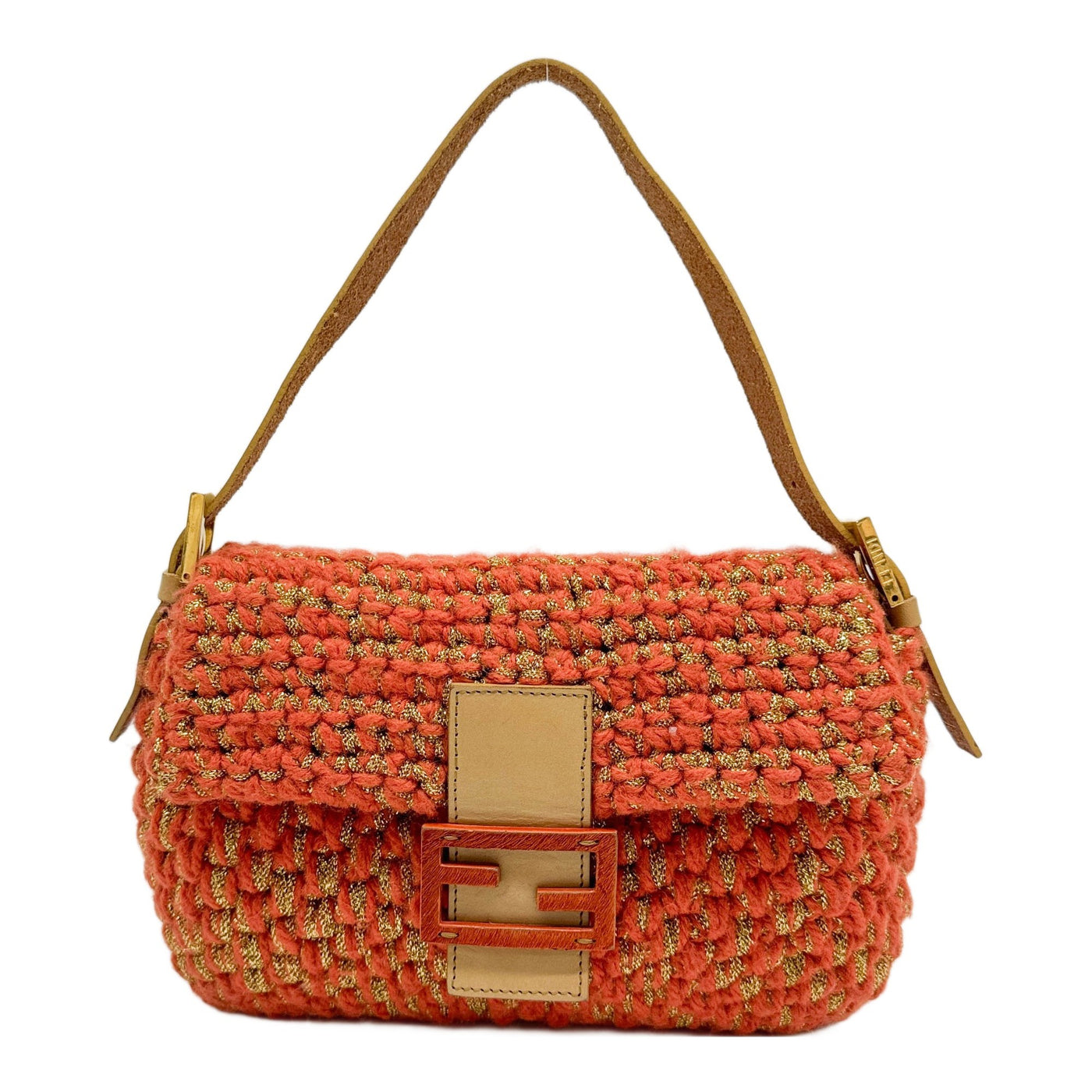 Mamma Baguette Gold Mesh Entwined Orange Wool Shoulder Bag