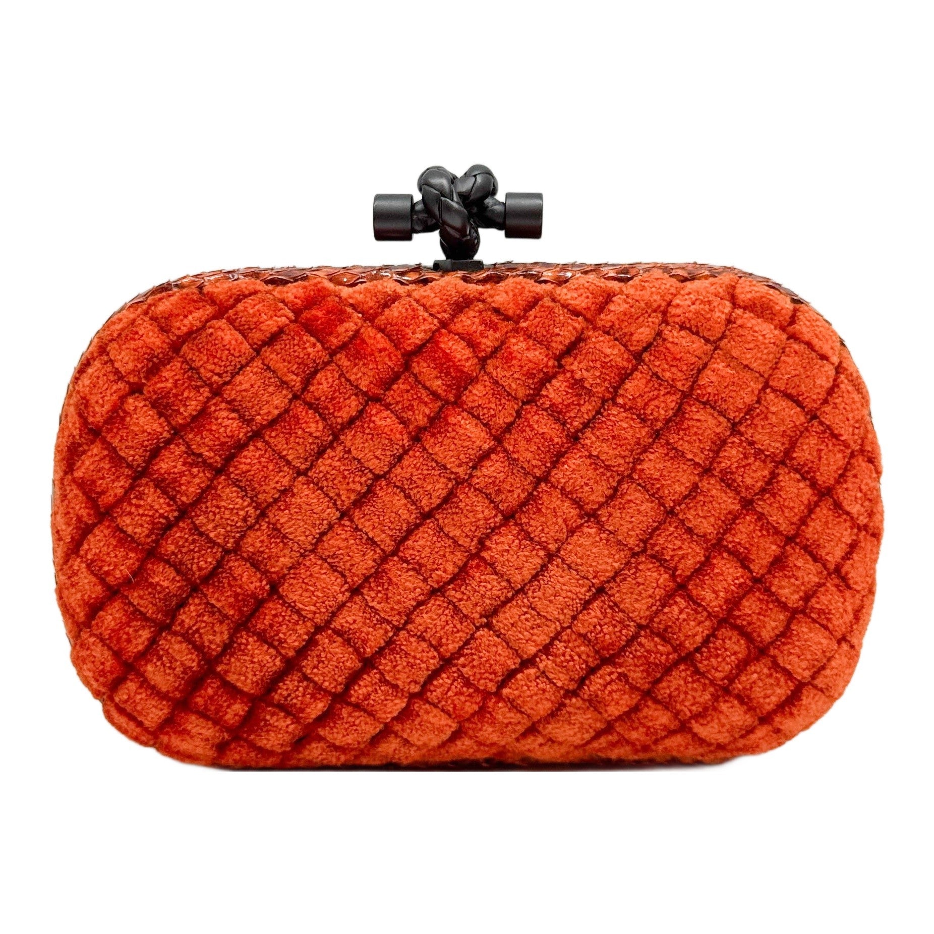Knot Intrecciato Python Leather Trim Burnt Orange Velvet Clutch Bag
