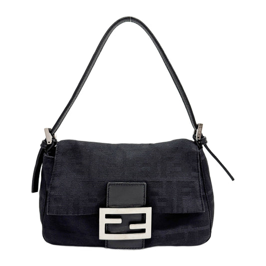Mini Mamma Baguette Black Zucca Canvas Shoulder Bag