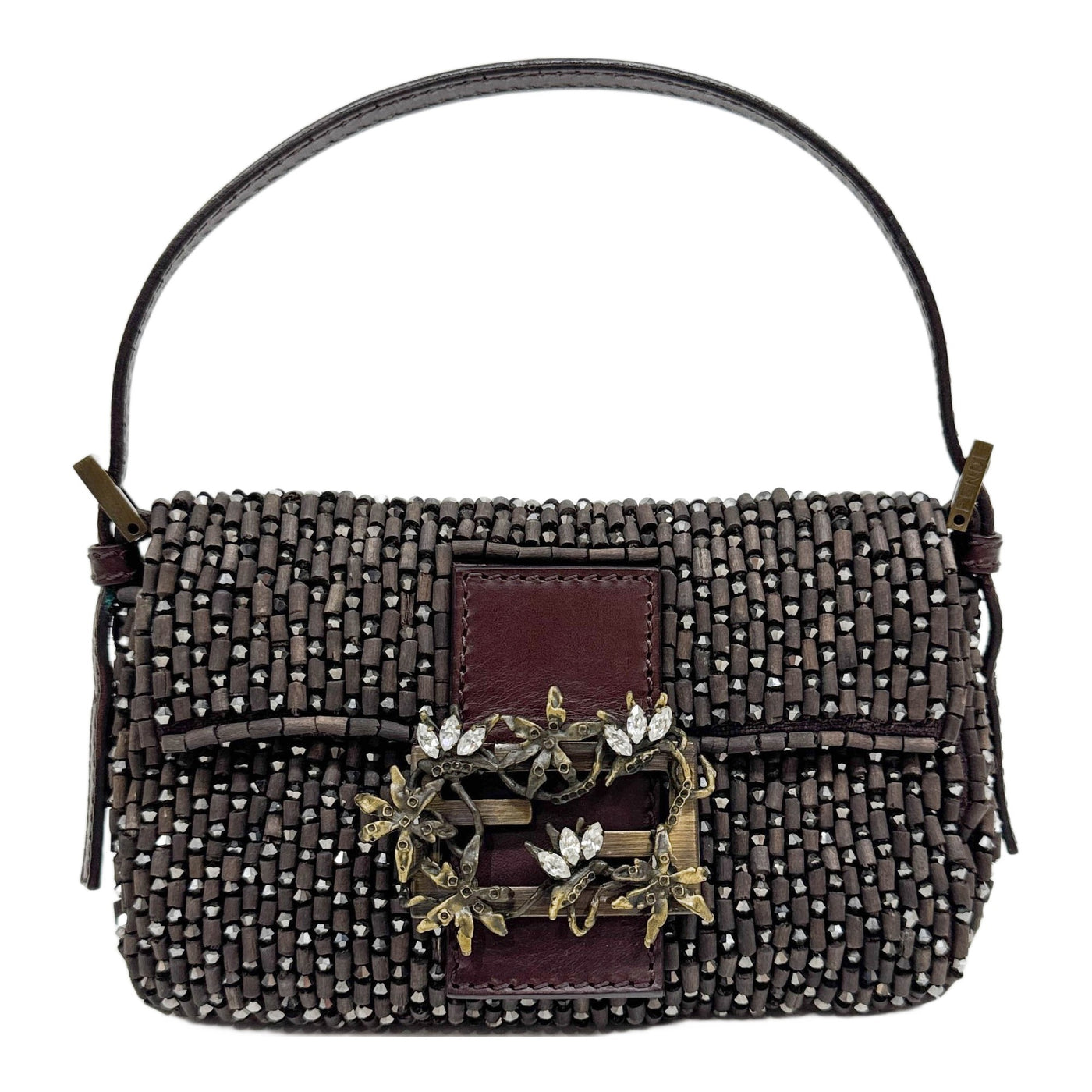 Mini Baguette Floral Embellished Logo Brown Wood Hand Bag