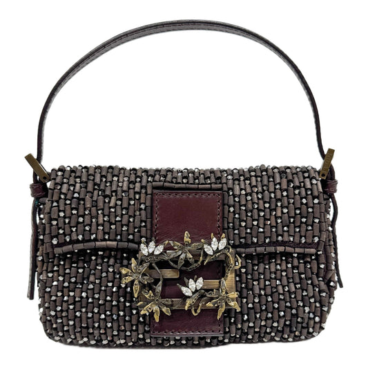 Mini Baguette Floral Embellished Logo Brown Wood Hand Bag