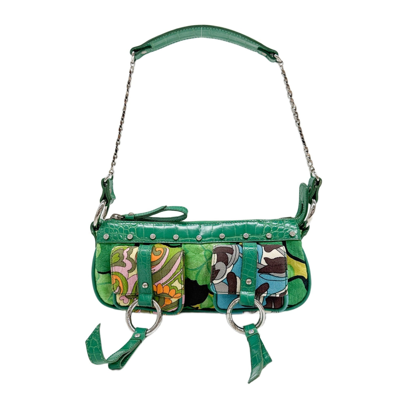Variante Abbina Crocodile Leather Trim Green Canvas Shoulder Bag