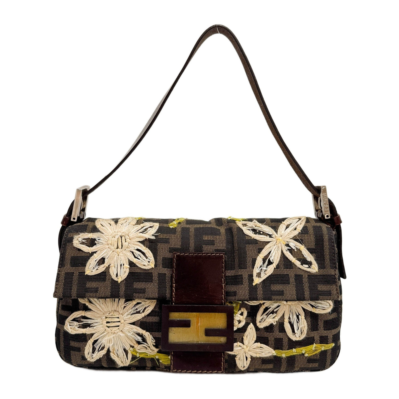 Baguette Embroidered Flowers Brown Zucca Canvas Shoulder Bag