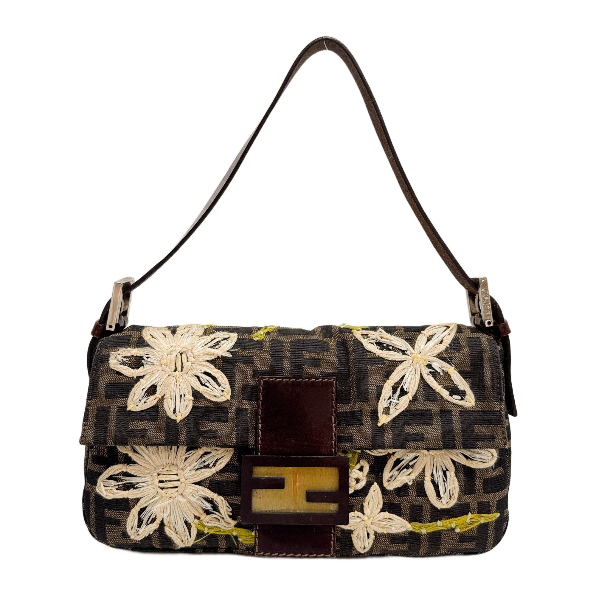 Baguette Embroidered Flowers Brown Zucca Canvas Shoulder Bag