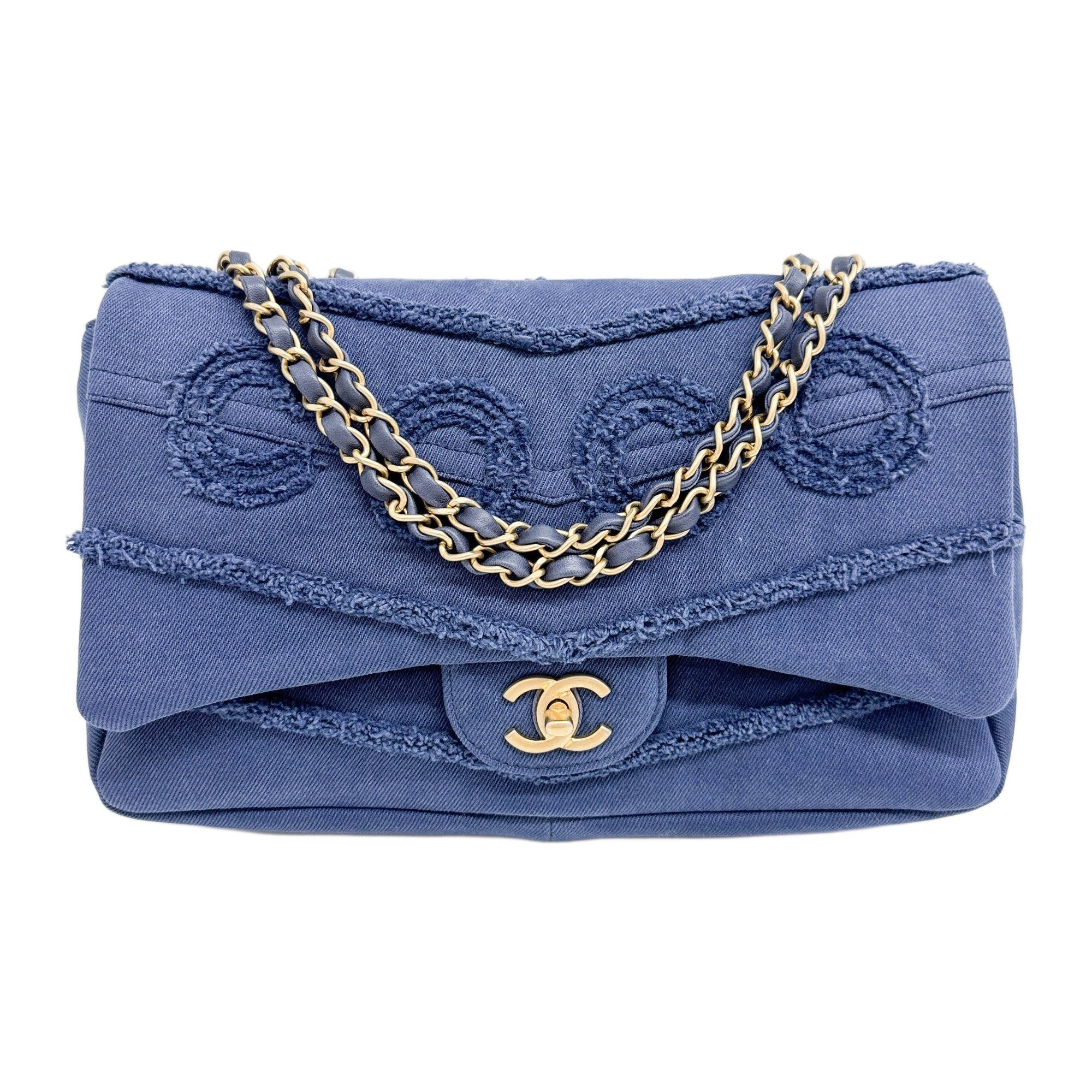 Jumbo Classic Flap 2019 Coco Mark Navy Blue Denim Shoulder Bag