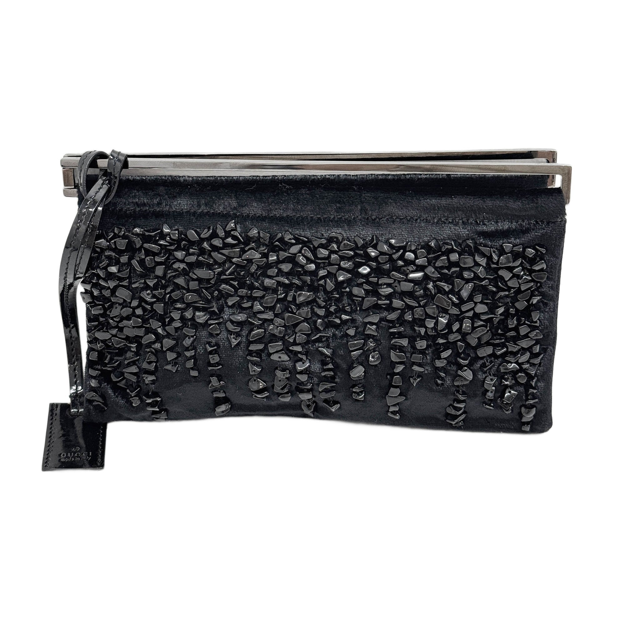 Rock Pearls Embellishment Black Velvet Clutch Bag
